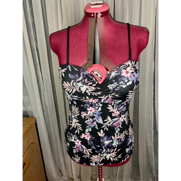 Ambrielle tankini top swimsuit floral black pink purple underwire - Picture 1 of 11